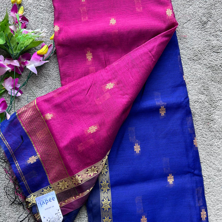 Handwoven Blue with Magenta Cotton Silk Sari