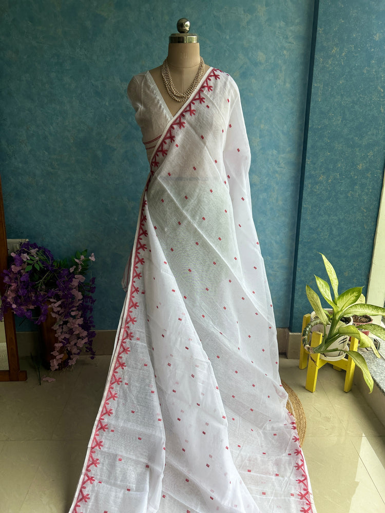 White Red Soft Dhakai Jamdani