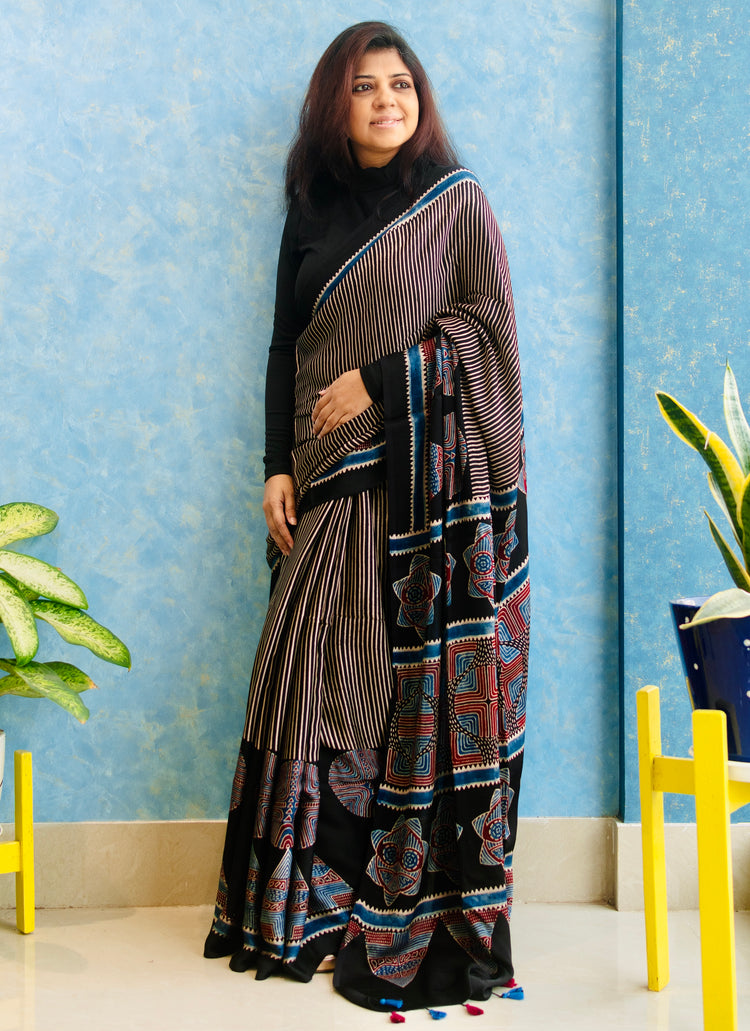 BLACK AJRAK BLOCK PRINTED MODAL SILK SARI