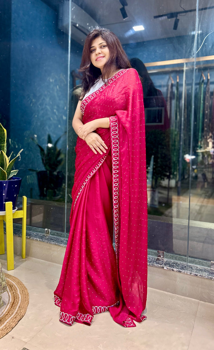 AD Stone work on Maroon Satin Georgette Sari