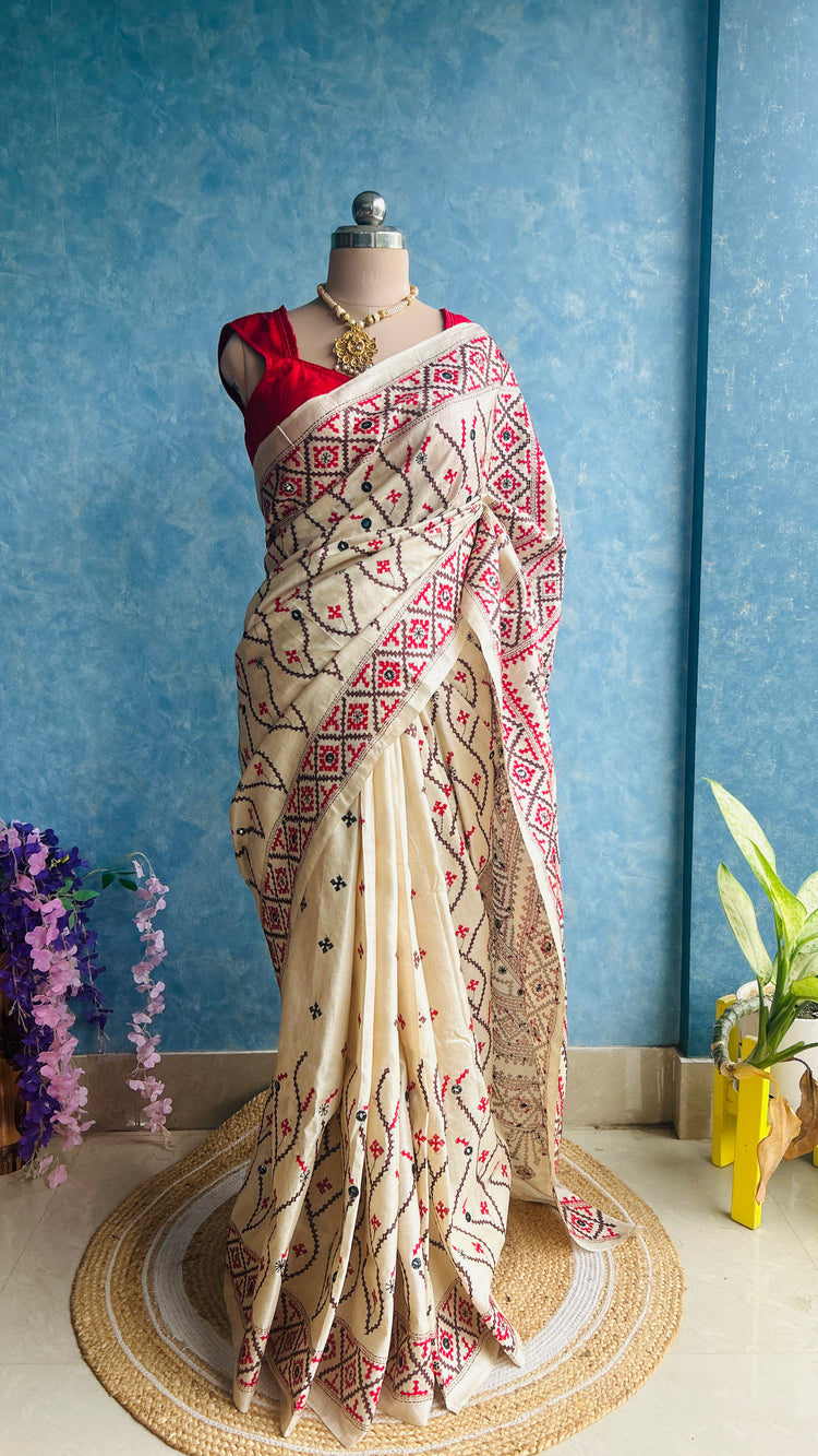 Off White Hand Embroidered Kutch and Mirror Work Gachi Tusser Silk
