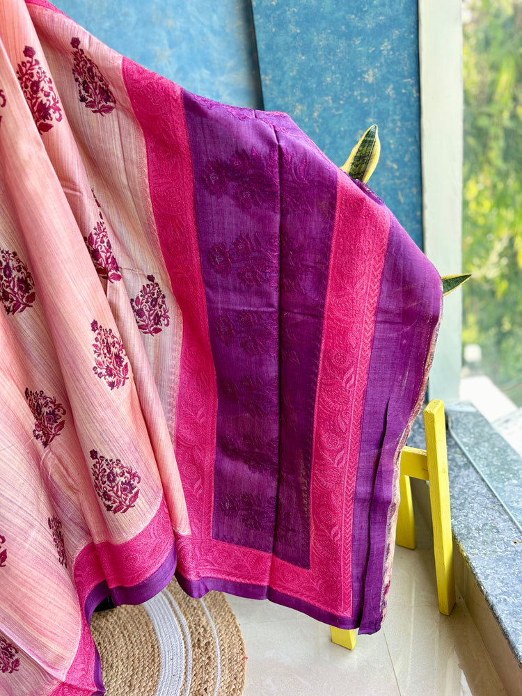 Handblock with chikankari Border on Pure Tussar Silk