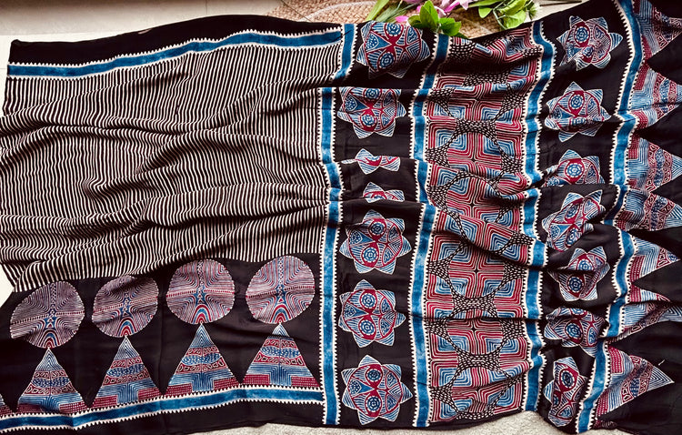 BLACK AJRAK BLOCK PRINTED MODAL SILK SARI