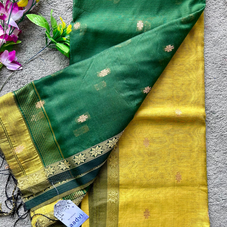 Handwoven Gold Yellow with Green Cotton Silk Sari