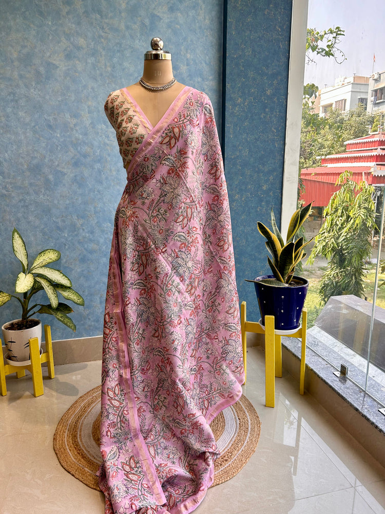 Blush Pink Hand Block Printed Chanderi Sari