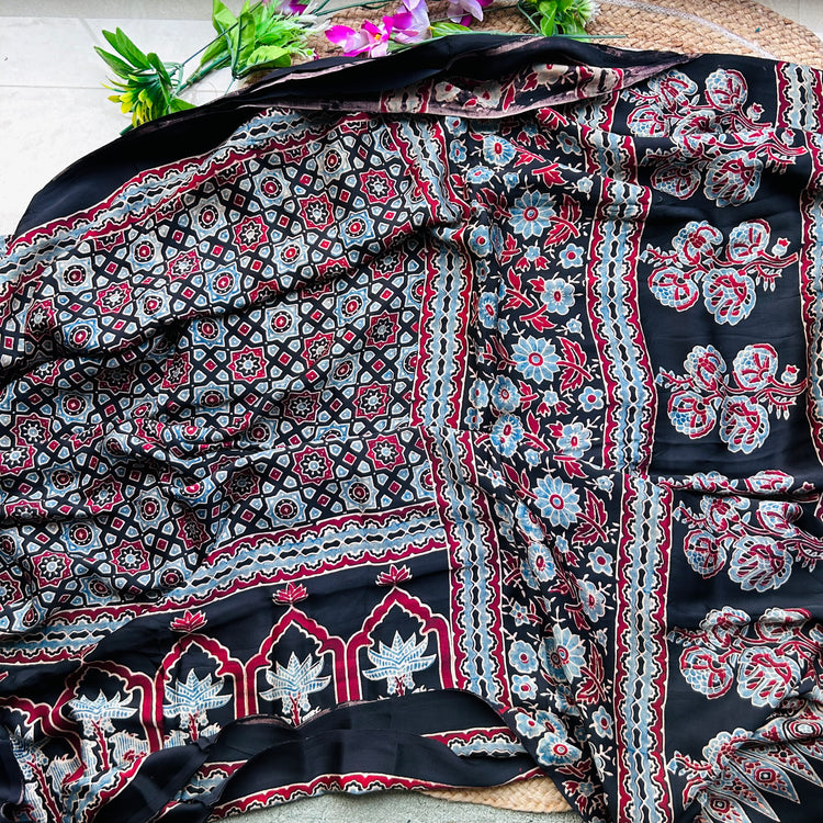 BLACK AJRAK BLOCK PRINTED MODAL SILK SARI