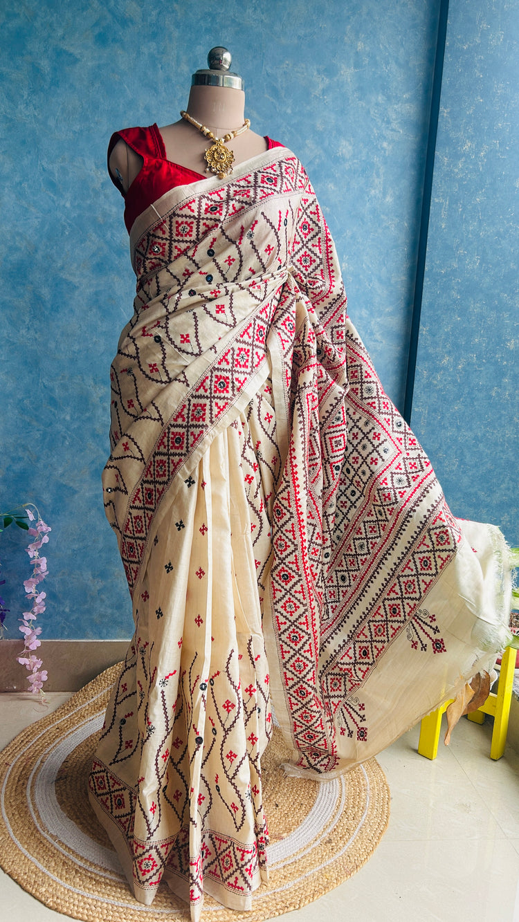 Off White Hand Embroidered Kutch and Mirror Work Gachi Tusser Silk