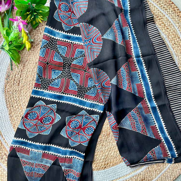 BLACK AJRAK BLOCK PRINTED MODAL SILK SARI