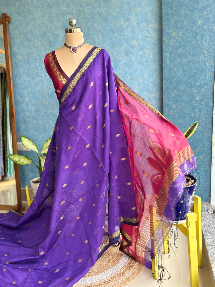 Handwoven Purple with Magenta Cotton Silk Sari