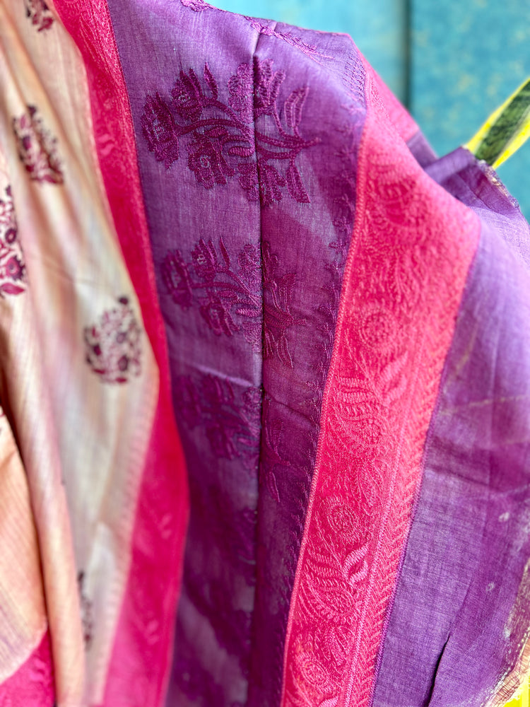 Handblock with chikankari Border on Pure Tussar Silk