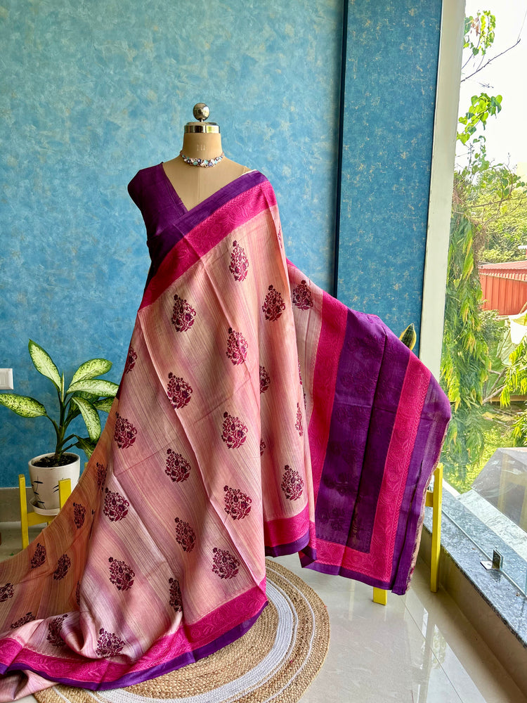 Handblock with chikankari Border on Pure Tussar Silk