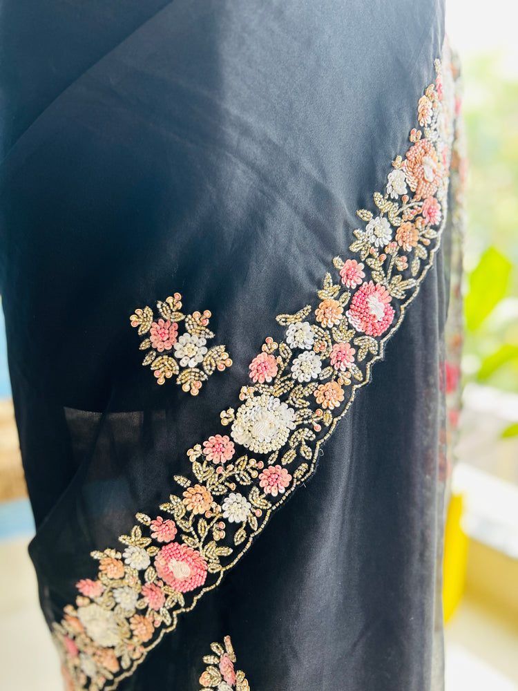 Black Hand Embroidery on Organza Sari