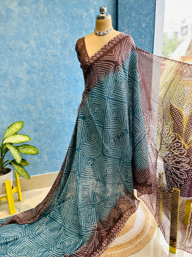 Artic Blue With Brown Bandhni Printed Spun Chanderi Sari