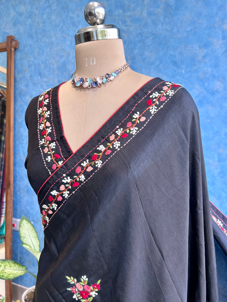 Black Multi Thread Embroidery Sari