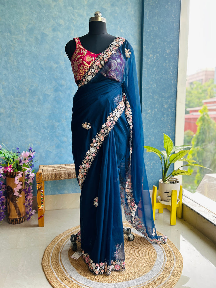 Midnight Blue Hand Embroidery on Organza Sari