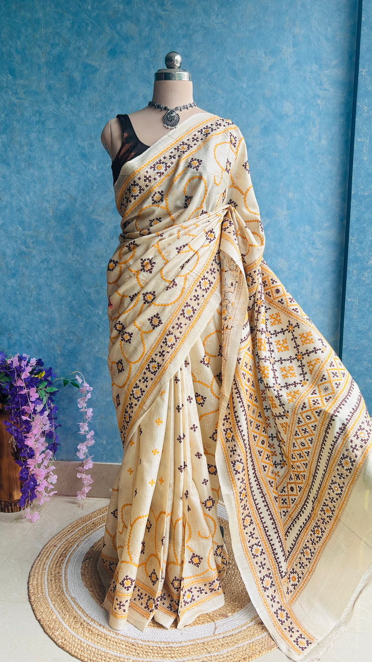 Off White Hand Embroidered Kutch and Mirror Work Gachi Tusser Silk