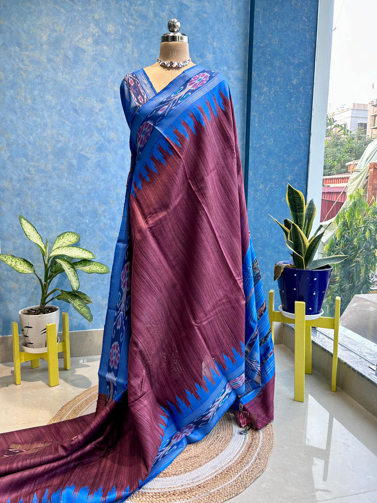 Blue Ikkat Border on Pure Ghicha Silk
