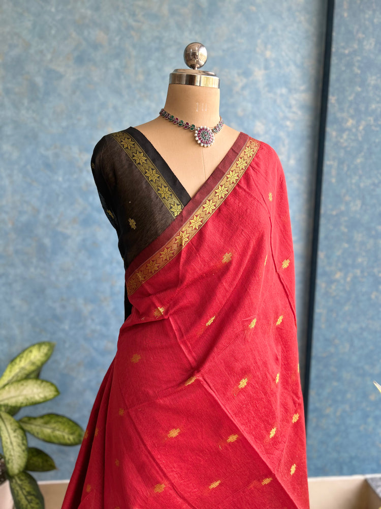 Handwoven Red with Black Cotton Silk Sari