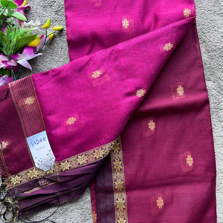 Handwoven Maroon with Magenta Cotton Silk Sari