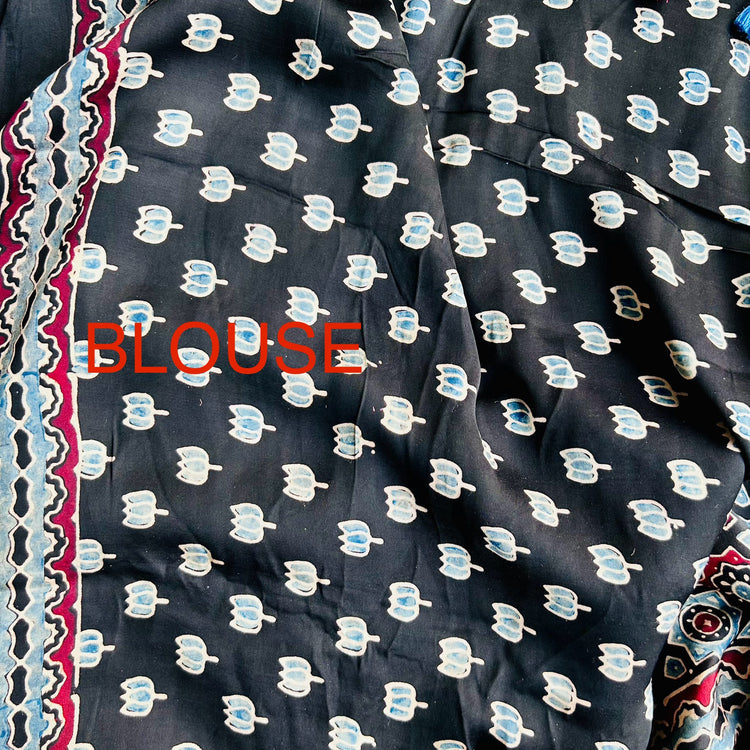 BLACK AJRAK BLOCK PRINTED MODAL SILK SARI