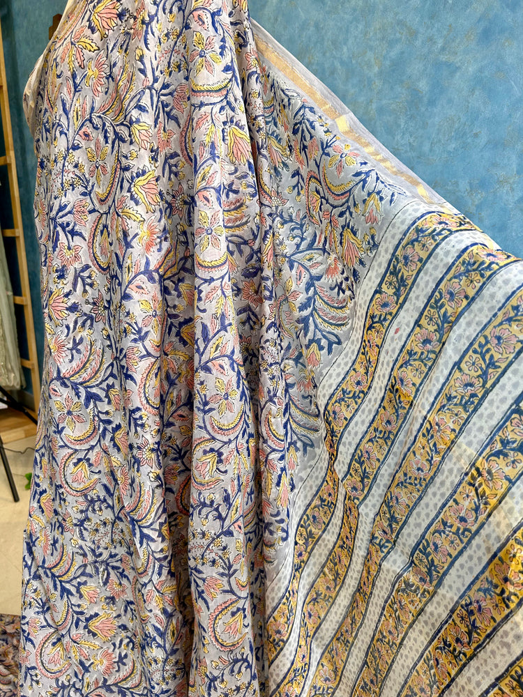 Dim Gray Hand Block Printed Chanderi Sari