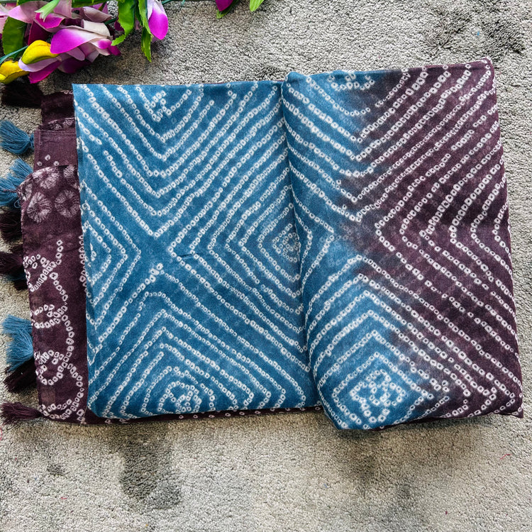 Artic Blue With Brown Bandhni Printed Spun Chanderi Sari