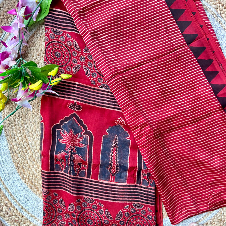 MAROON RED AJRAK BLOCK PRINTED MODAL SILK SARI