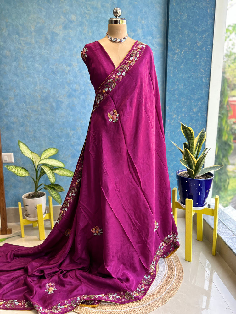 Wine Multi Thread Embroidery Sari