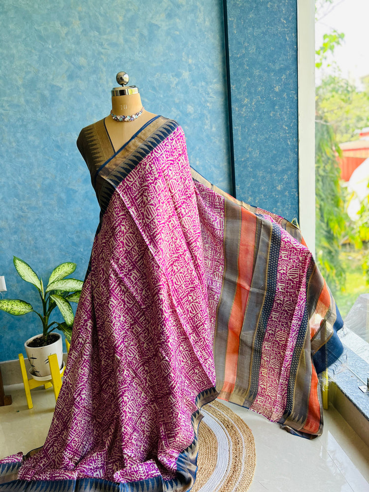 Magenta Hand Block Print on Pure Tussar Silk