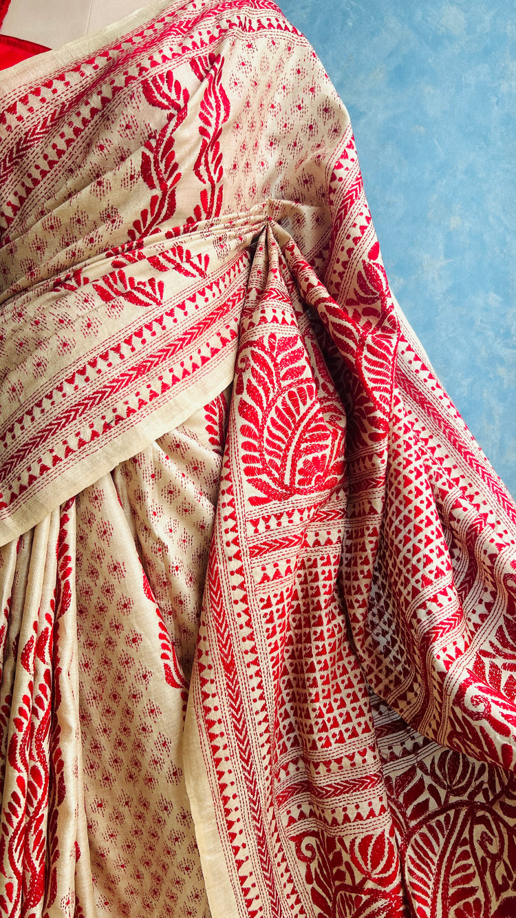 Beige Kantha Embroidery on Gachi Tusser Silk