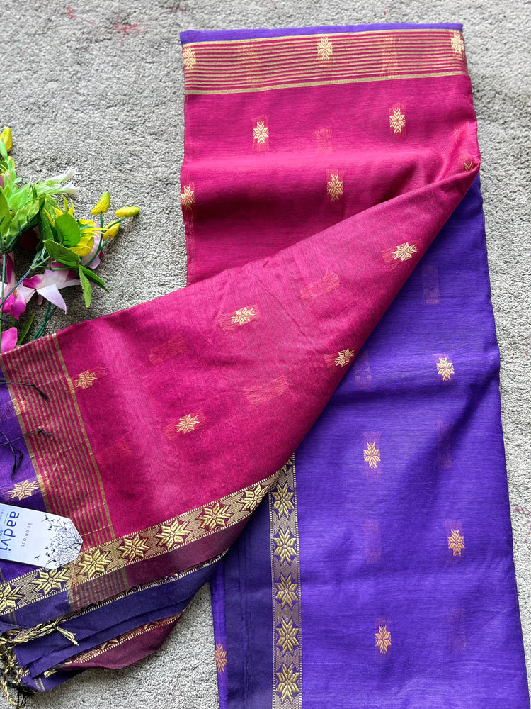Handwoven Purple with Magenta Cotton Silk Sari