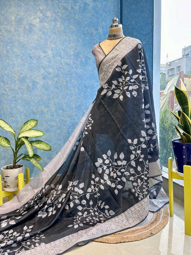 Dark Grey Embroidery And Leaf Printed Sari