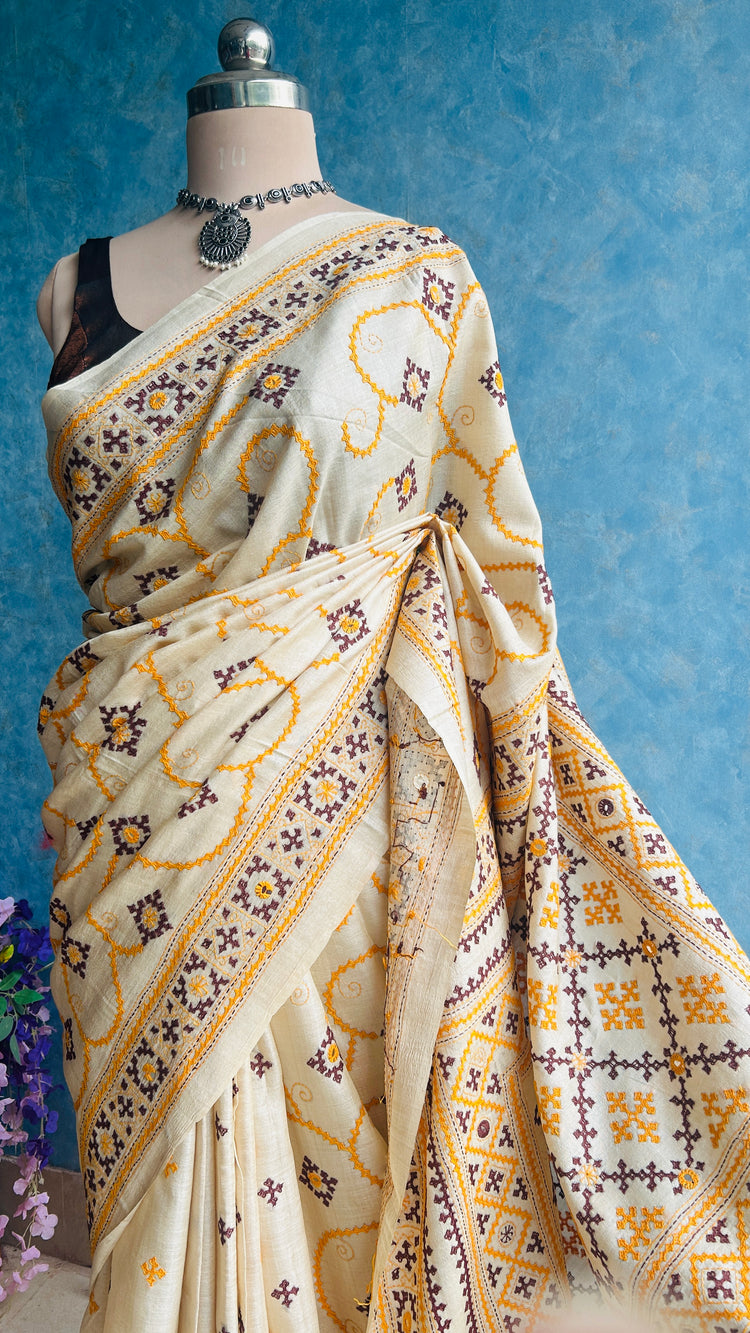 Off White Hand Embroidered Kutch and Mirror Work Gachi Tusser Silk