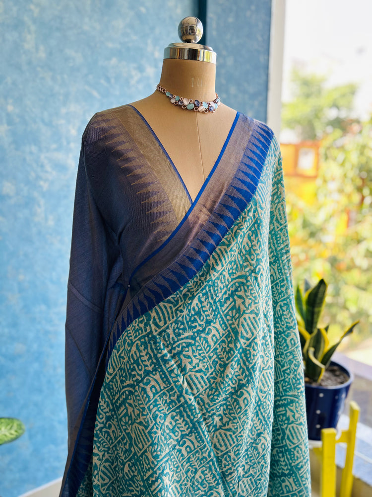 Teal Blue Hand Block Print on Pure Tussar Silk