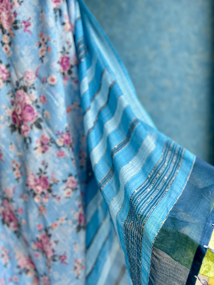 Blue Linen Digital Print with Kantha stitch