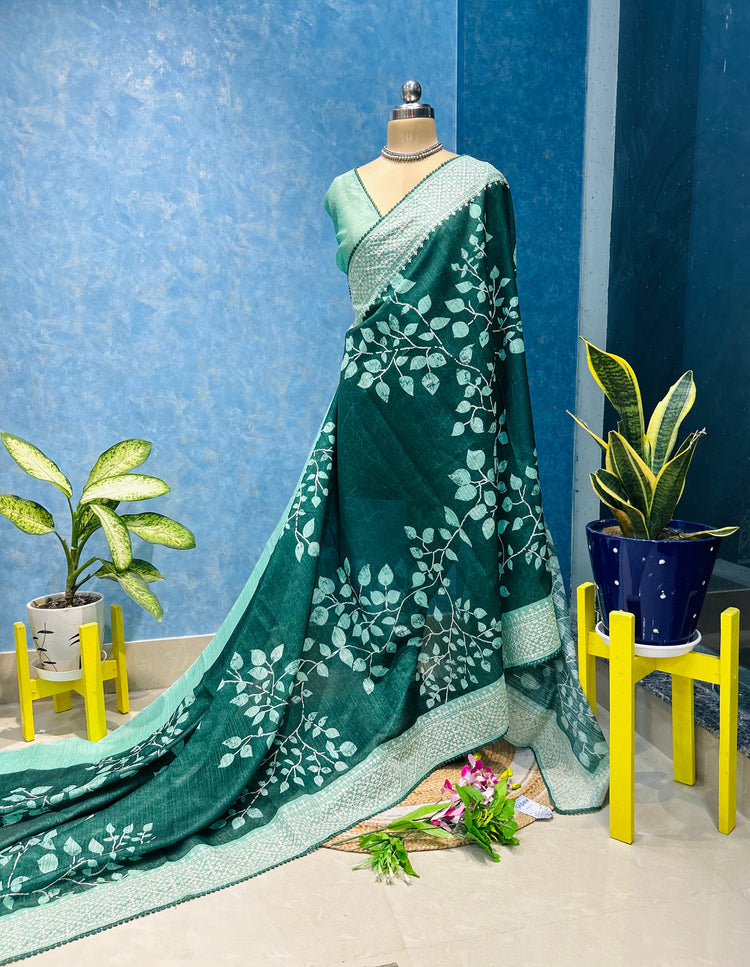 Embroidery And Leaf Printed Sari