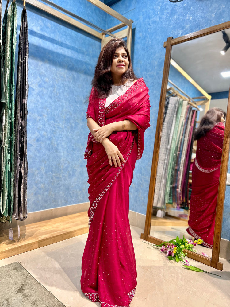 AD Stone work on Maroon Satin Georgette Sari