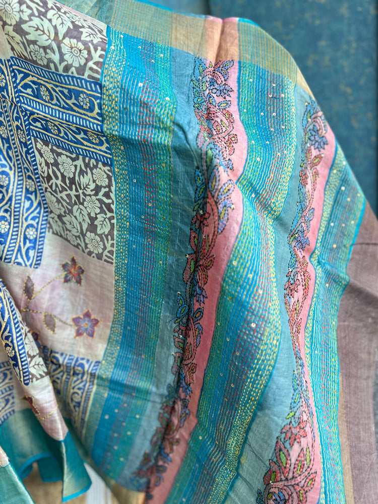Handpaint with Katha Stitch on Pure Tussar Silk