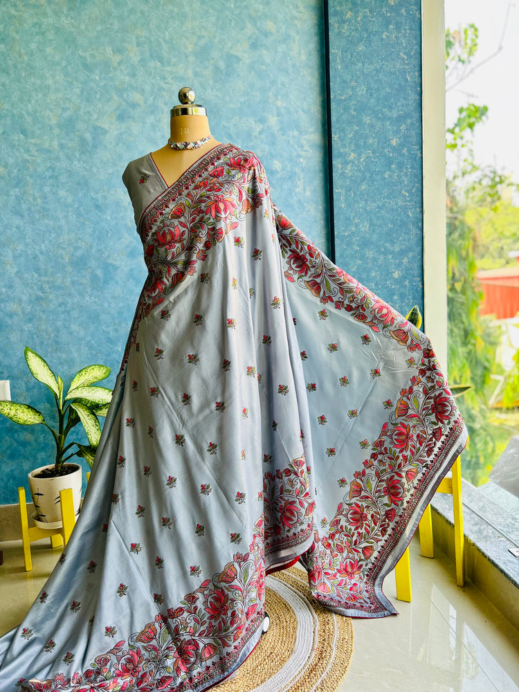 Silverish Grey Embroidery Sari