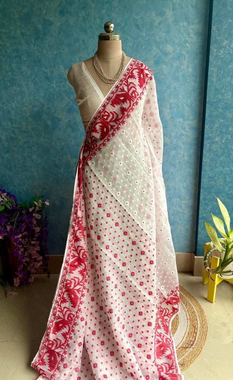 White Red Soft Dhakai Jamdani
