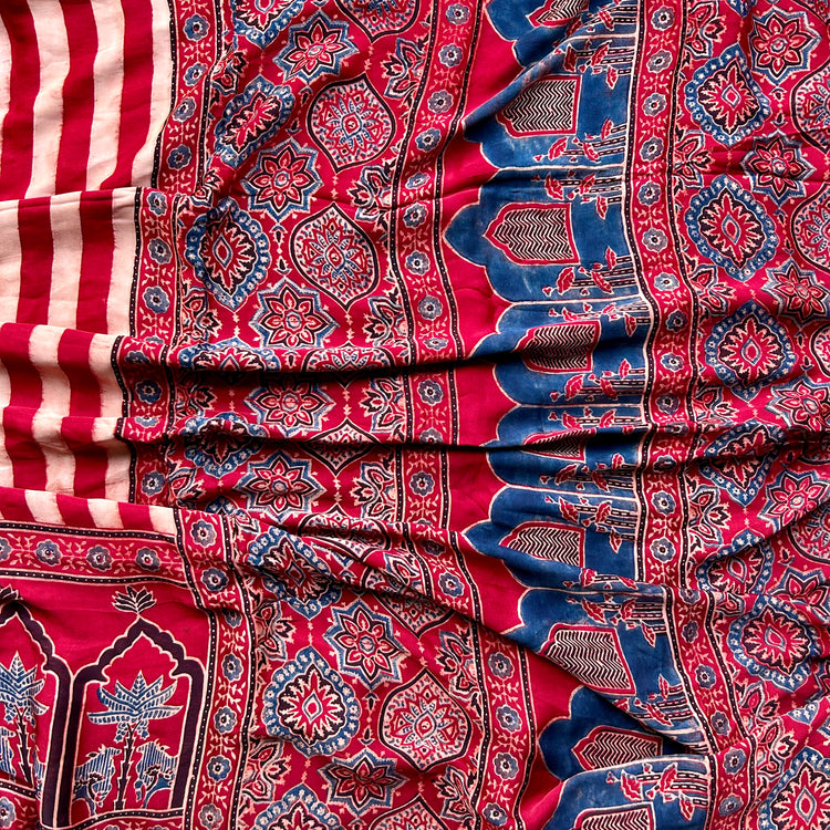 RUBY RED AJRAK BLOCK PRINTED MODAL SILK SARI