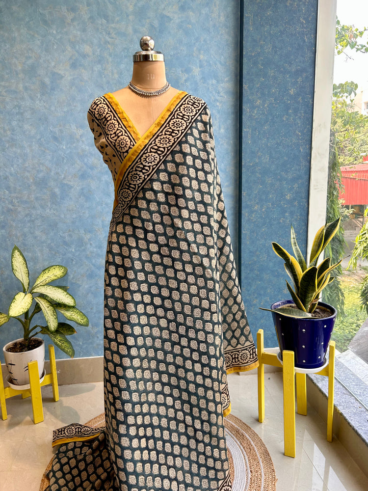 Prussian Blue Hand Block Printed Chanderi Sari