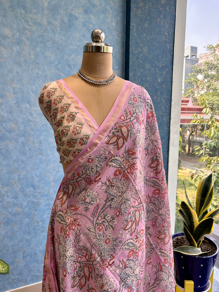 Blush Pink Hand Block Printed Chanderi Sari