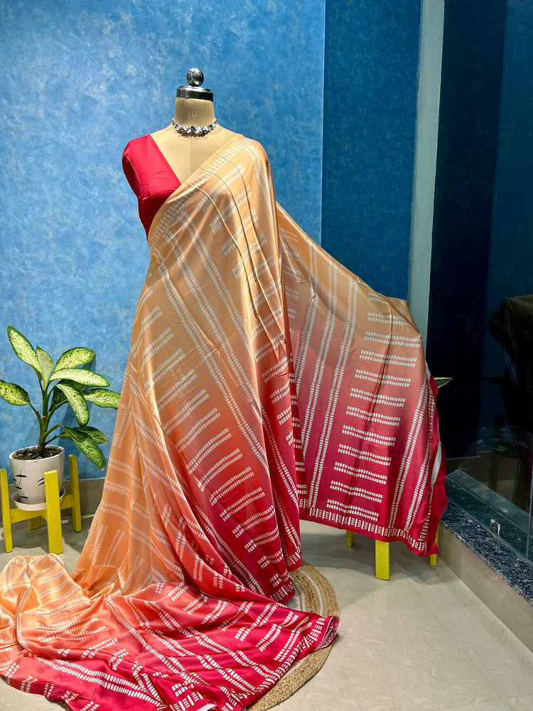Beautiful Peach and Pink Satin Sari