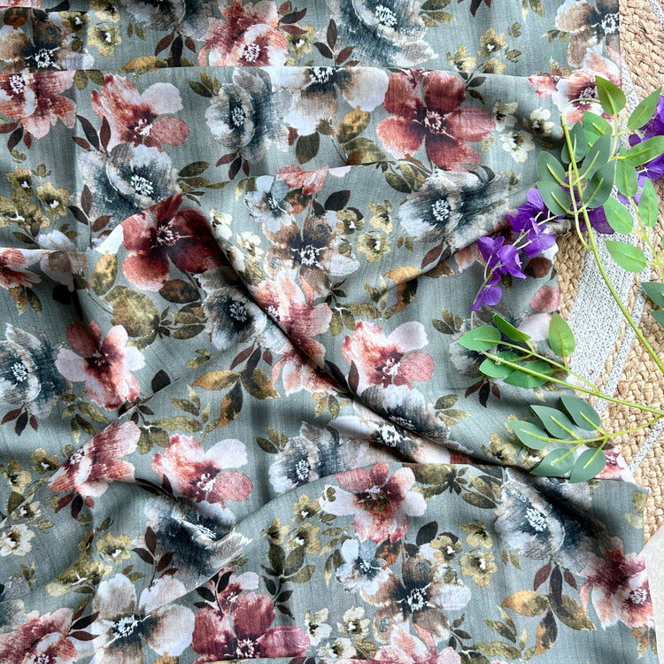 Sage Grey Crepe Chiffon Vintage  Printed Saree