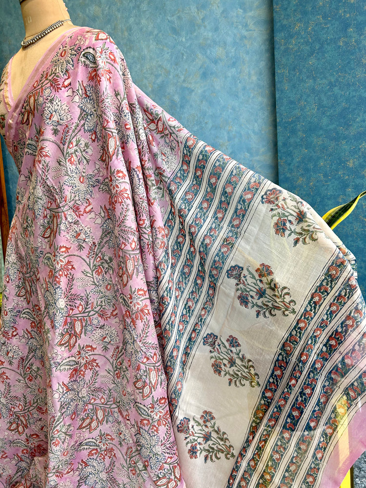 Blush Pink Hand Block Printed Chanderi Sari