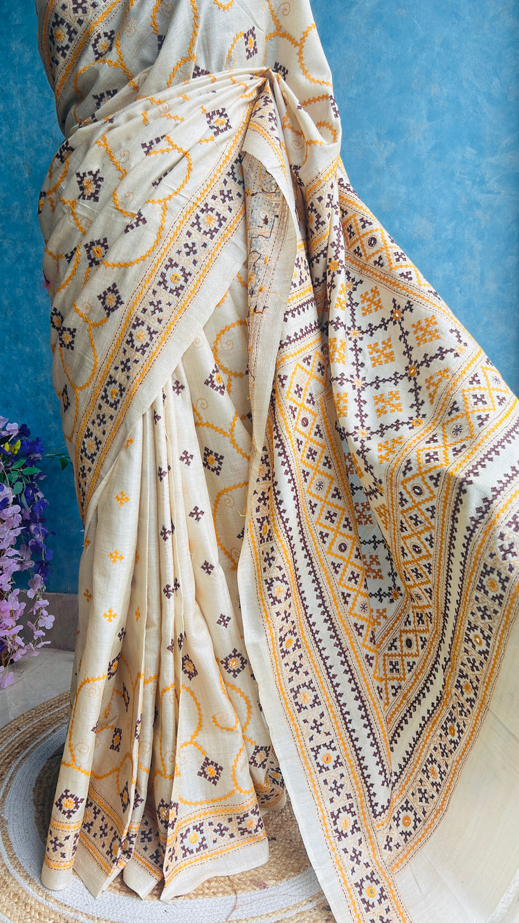 Off White Hand Embroidered Kutch and Mirror Work Gachi Tusser Silk