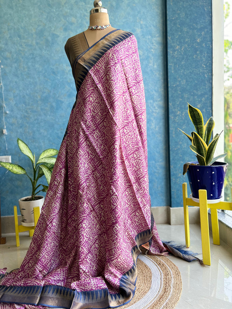 Magenta Hand Block Print on Pure Tussar Silk