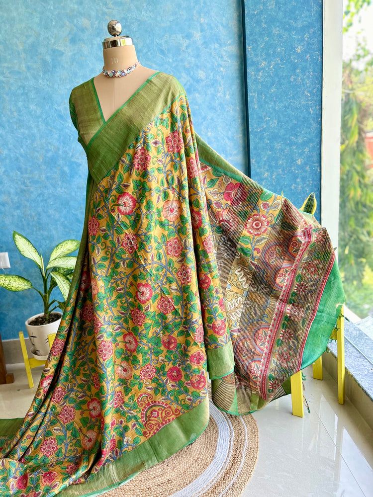 Kalamkari Handpaint with Katha Stitch on Pure Tussar Silk