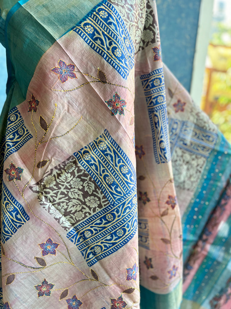Handpaint with Katha Stitch on Pure Tussar Silk
